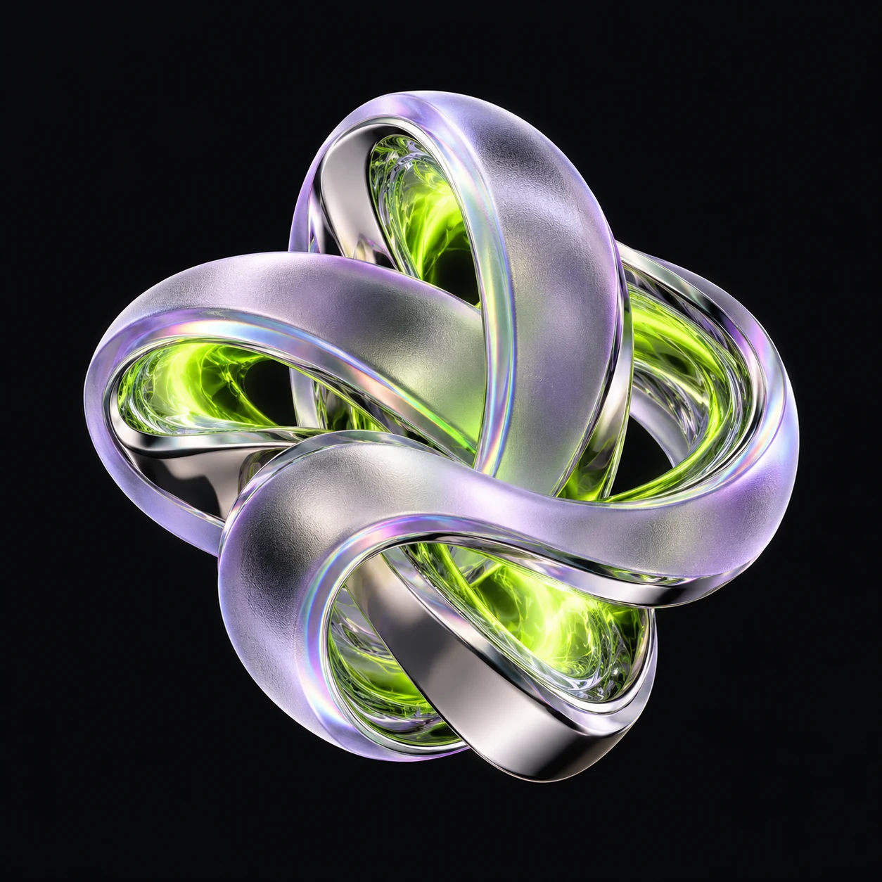 Nodo tridimensionale di vetro e cromo con un nucleo verde luminoso